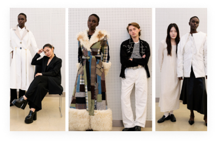 The top three student winners with the coats they designed. From left, Nadia Phie (second place), Benjamin Halunen (first place), and Emily Cha (third place). Photography by Cobey Arner